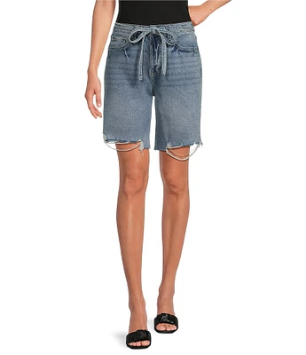 Le' AL.X Washed Woven Denim Mid Rise Tie Waist Distressed Bermuda Jean Shorts