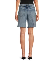Le' AL.X Washed Woven Denim Mid Rise Tie Waist Distressed Bermuda Jean Shorts