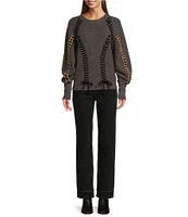 Le' AL.X Wool Blend Knit Braided Crew Neck Long Blouson Sleeve Sweater