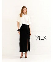 Le' AL.X Wool Blend Knit High Rise Belted Side Slit Hem Pencil Maxi Skirt