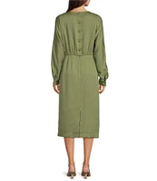 Le' AL.X Woven Boat Neck Long Dolman Blouson Sleeve Keyhole Pleat Sheath Midi Dress