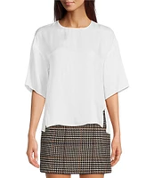 Le' AL.X Woven Crew Neck Dropped Short Sleeve Split Hem Blouse