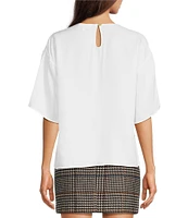 Le' AL.X Woven Crew Neck Dropped Short Sleeve Split Hem Blouse