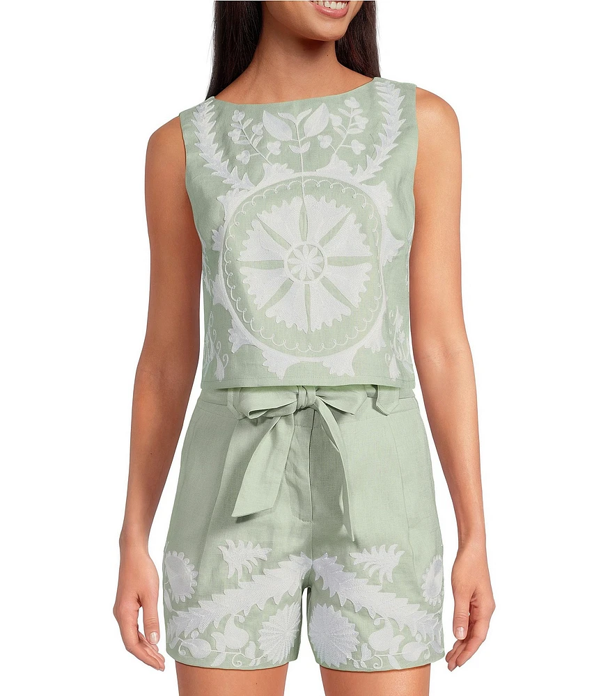 Le' AL.X Woven Linen Floral Embroidered Boat Neck Sleeveless Crop Mod Coordinating Top