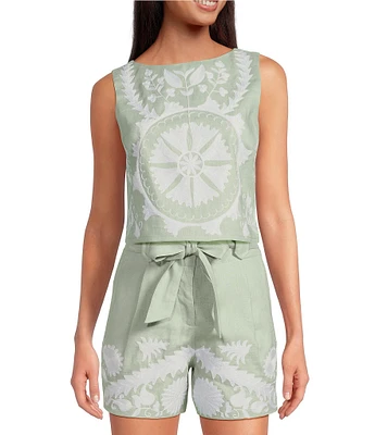 Le' AL.X Woven Linen Floral Embroidered Boat Neck Sleeveless Crop Mod Coordinating Top