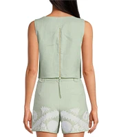 Le' AL.X Woven Linen Floral Embroidered Boat Neck Sleeveless Crop Mod Coordinating Top