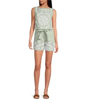 Le' AL.X Woven Linen Floral Embroidered Boat Neck Sleeveless Crop Mod Coordinating Top