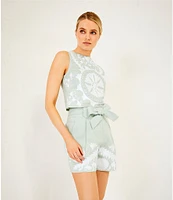 Le' AL.X Woven Linen Floral Embroidered Boat Neck Sleeveless Crop Mod Coordinating Top