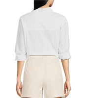 Le' AL.X Woven Point Collar Button Cuff Long Sleeve Chest Patch Pocket Button Front Crinkle Blouse