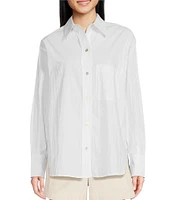 Le' AL.X Woven Point Collar Button Cuff Long Sleeve Chest Patch Pocket Button Front Crinkle Blouse