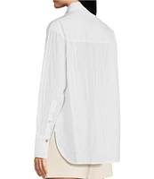 Le' AL.X Woven Point Collar Button Cuff Long Sleeve Chest Patch Pocket Button Front Crinkle Blouse