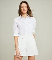 Le' AL.X Woven Point Collar Button Cuff Long Sleeve Chest Patch Pocket Button Front Crinkle Blouse