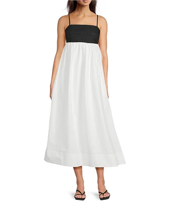 Le' AL.X Woven Poplin Color Block Square Neck Spaghetti Strap Empire Waist A-Line Flounce Midi Dress