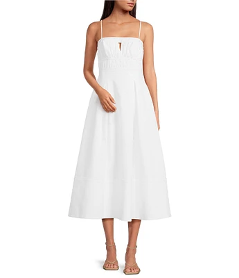 Le' AL.X Woven Ruched Straight Keyhole Neck Spaghetti Strap A-Line Midi Dress