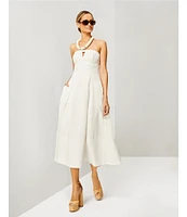 Le' AL.X Woven Ruched Straight Keyhole Neck Spaghetti Strap A-Line Midi Dress