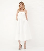 Le' AL.X Woven Ruched Straight Keyhole Neck Spaghetti Strap A-Line Midi Dress
