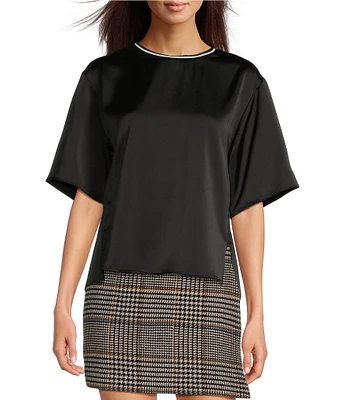 Le' AL.X Woven Satin Contrast Trim Crew Neck Dropped Short Sleeve Side Split Hem Hi-Low Blouse