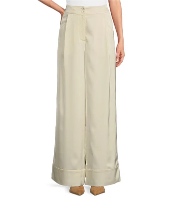 Le' AL.X Woven Satin High Rise Pleated Front Tall Cuff Full Length Wide Leg Coordinating Trousers