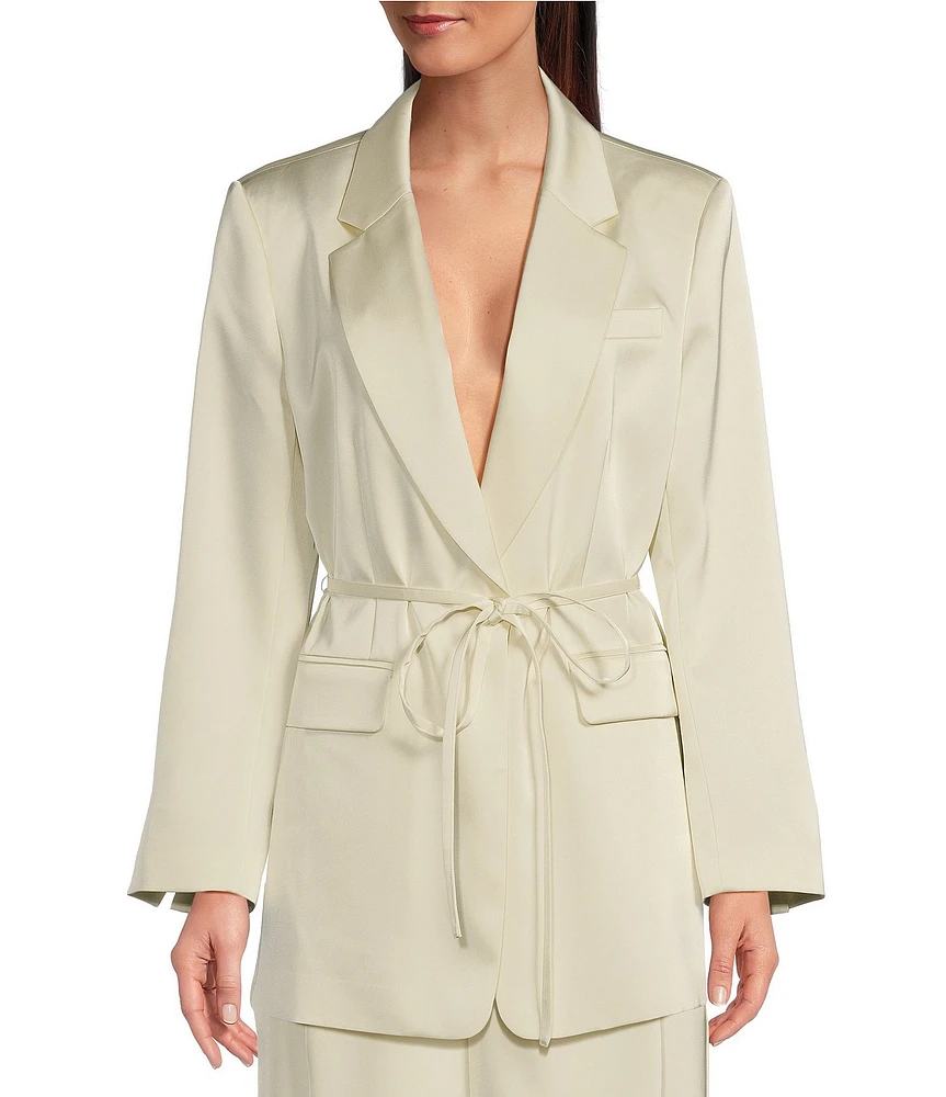 Le' AL.X Woven Satin Notch Lapel Long Sleeve Tie at Waist Long Line Coordinating Blazer