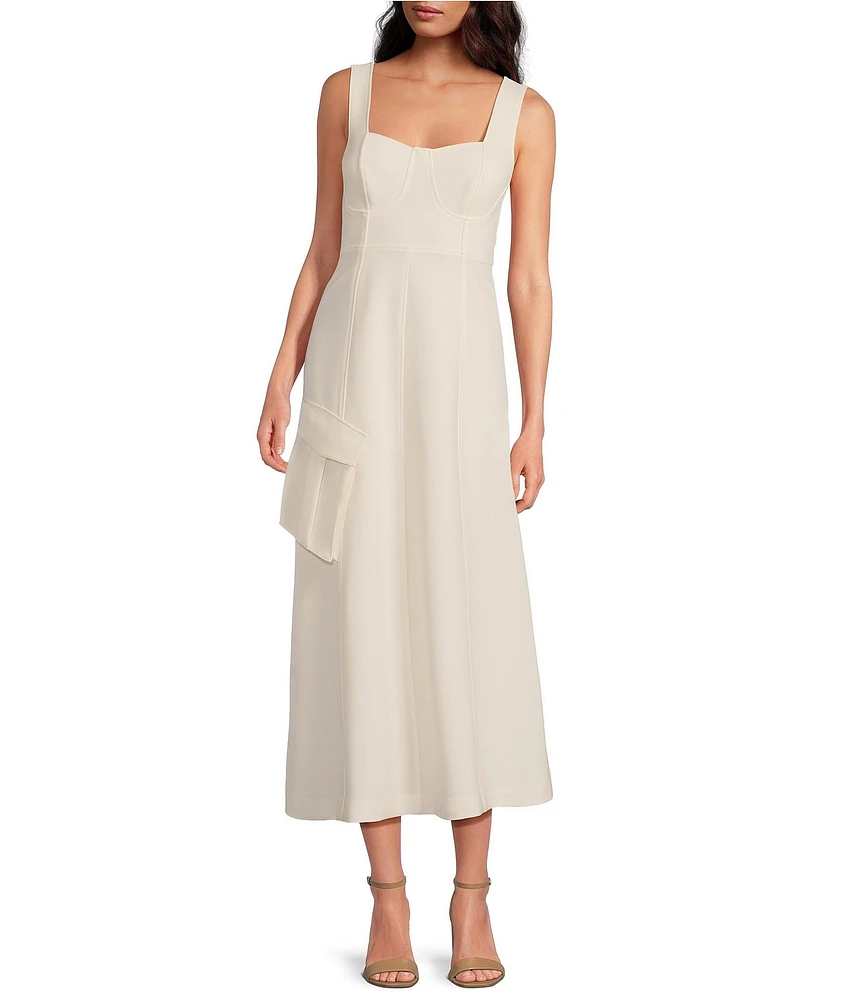 Le' AL.X Woven Suiting Bustier Sweetheart Shape Neck Sleeveless Tank Strap Cargo Pocket Fit & Flare Coordinating Midi Dress