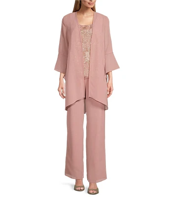 Le Bos 3-Piece 3/4 Bell Sleeve Embroidered Metallic Scallop Hem Scoop Neck Duster Pant Set