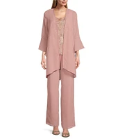Le Bos 3-Piece 3/4 Bell Sleeve Embroidered Metallic Scallop Hem Scoop Neck Duster Pant Set