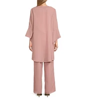 Le Bos 3-Piece 3/4 Bell Sleeve Embroidered Metallic Scallop Hem Scoop Neck Duster Pant Set