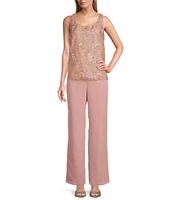 Le Bos 3-Piece 3/4 Bell Sleeve Embroidered Metallic Scallop Hem Scoop Neck Duster Pant Set