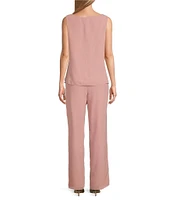 Le Bos 3-Piece 3/4 Bell Sleeve Embroidered Metallic Scallop Hem Scoop Neck Duster Pant Set