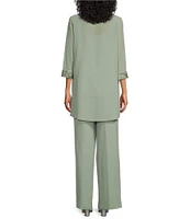 Le Bos Round Neck 3/4 Sleeve Embroidered Trim Duster 3-Piece Pant Set