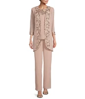 Le Bos Round Neck 3/4 Sleeve Embroidered Trim Duster 3-Piece Pant Set