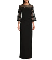 Le Bos 3/4 Illusion Sleeve Crew Neck Embroidered Sheath Dress