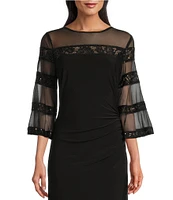 Le Bos 3/4 Illusion Sleeve Crew Neck Embroidered Sheath Dress