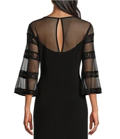 Le Bos 3/4 Illusion Sleeve Crew Neck Embroidered Sheath Dress