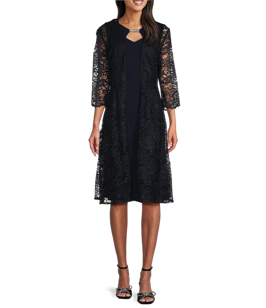 Le Bos 3/4 Sleeve Crew Neck Lace 2-Piece Jacket Dress