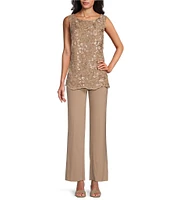 Le Bos 3/4 Sleeve Crew Neck Sequin Embroidered 3-Piece Pant Set