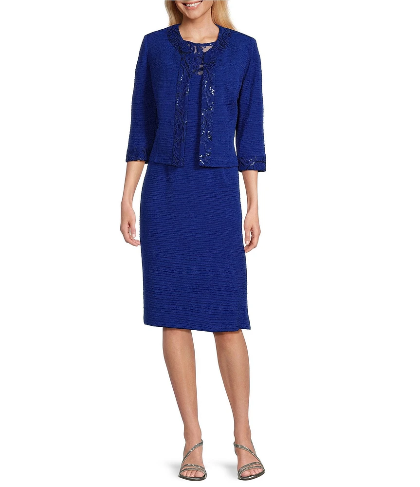 Le Bos Round Neck 3/4 Sleeve Embroidered Mesh Trim Textured 2-Piece Jacket Dress