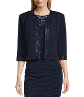 Le Bos Round Neck 3/4 Sleeve Embroidered Mesh Trim Textured 2-Piece Jacket Dress