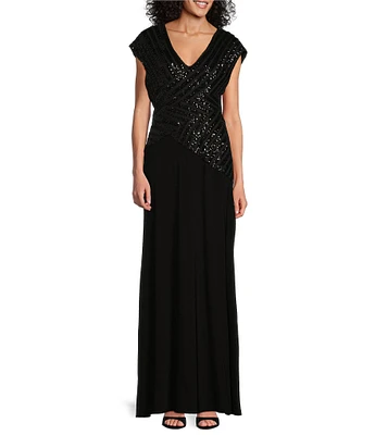 Le Bos Cap Sleeve V-Neck Sequin Trim Bodice Gown