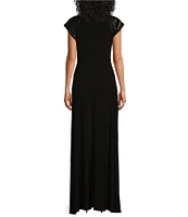 Le Bos Cap Sleeve V-Neck Sequin Trim Bodice Gown