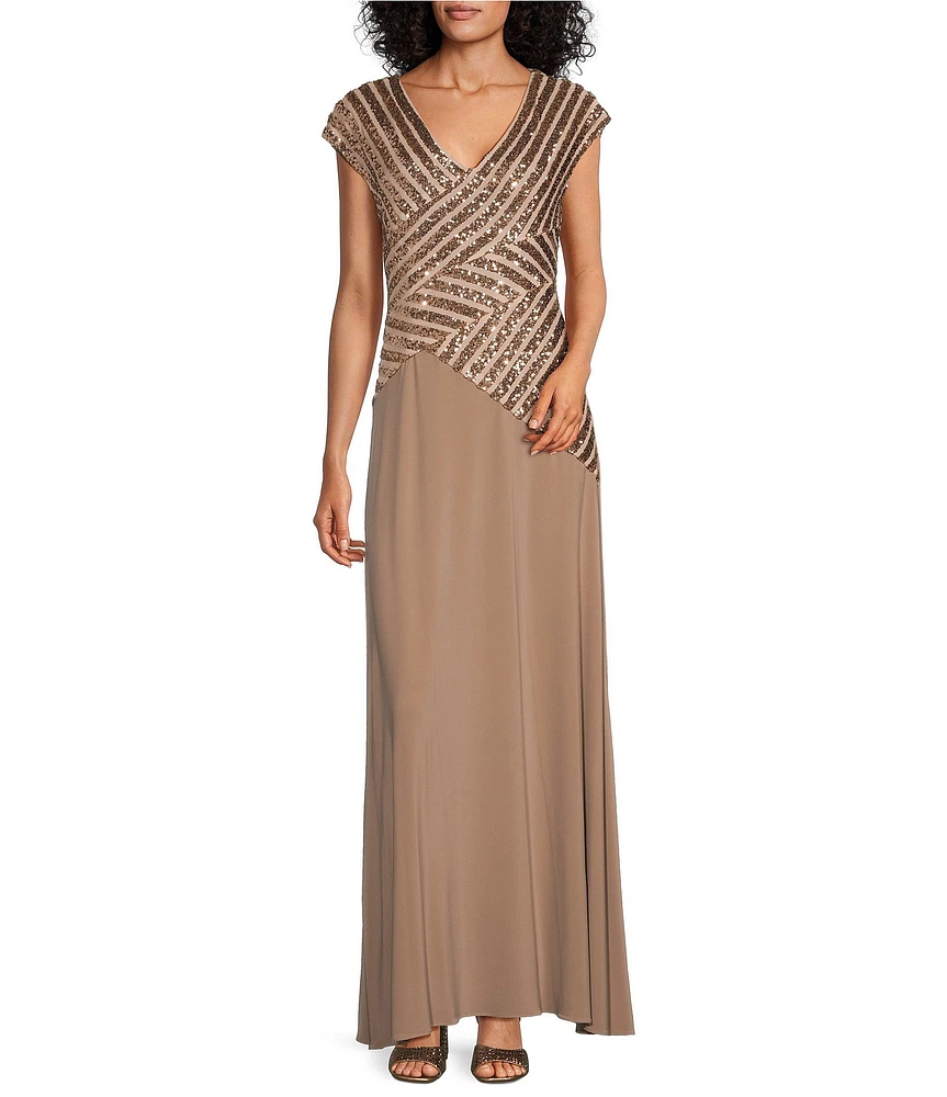 Le Bos Cap Sleeve V-Neck Sequin Trim Bodice Gown