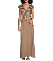 Le Bos Cap Sleeve V-Neck Sequin Trim Bodice Gown