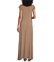 Le Bos Cap Sleeve V-Neck Sequin Trim Bodice Gown