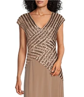Le Bos Cap Sleeve V-Neck Sequin Trim Bodice Gown