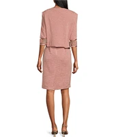 Le Bos Crinkle Knit Mesh Embroidered Hem 3/4 Sleeve Sweetheart Neck 2-Piece Jacket Dress