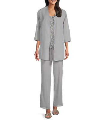 Le Bos Embroidered Round Neck 3/4 Sleeve Chiffon 3-Piece Pant Set