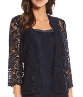 Le Bos Embroidered Stretch Floral Lace 3/4 Sleeve Square Neck 2-Piece Jacket Gown