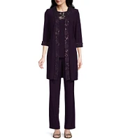 Le Bos Embroidered Trim Round Neck 3/4 Sleeve Duster 3-Piece Pant Set