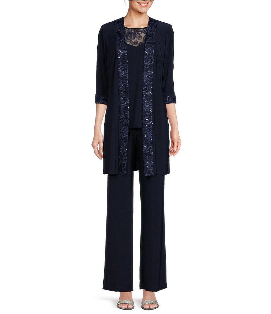 Le Bos Embroidered Trim Round Neck 3/4 Sleeve Duster 3-Piece Pant Set