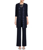 Le Bos Embroidered Trim Round Neck 3/4 Sleeve Duster 3-Piece Pant Set